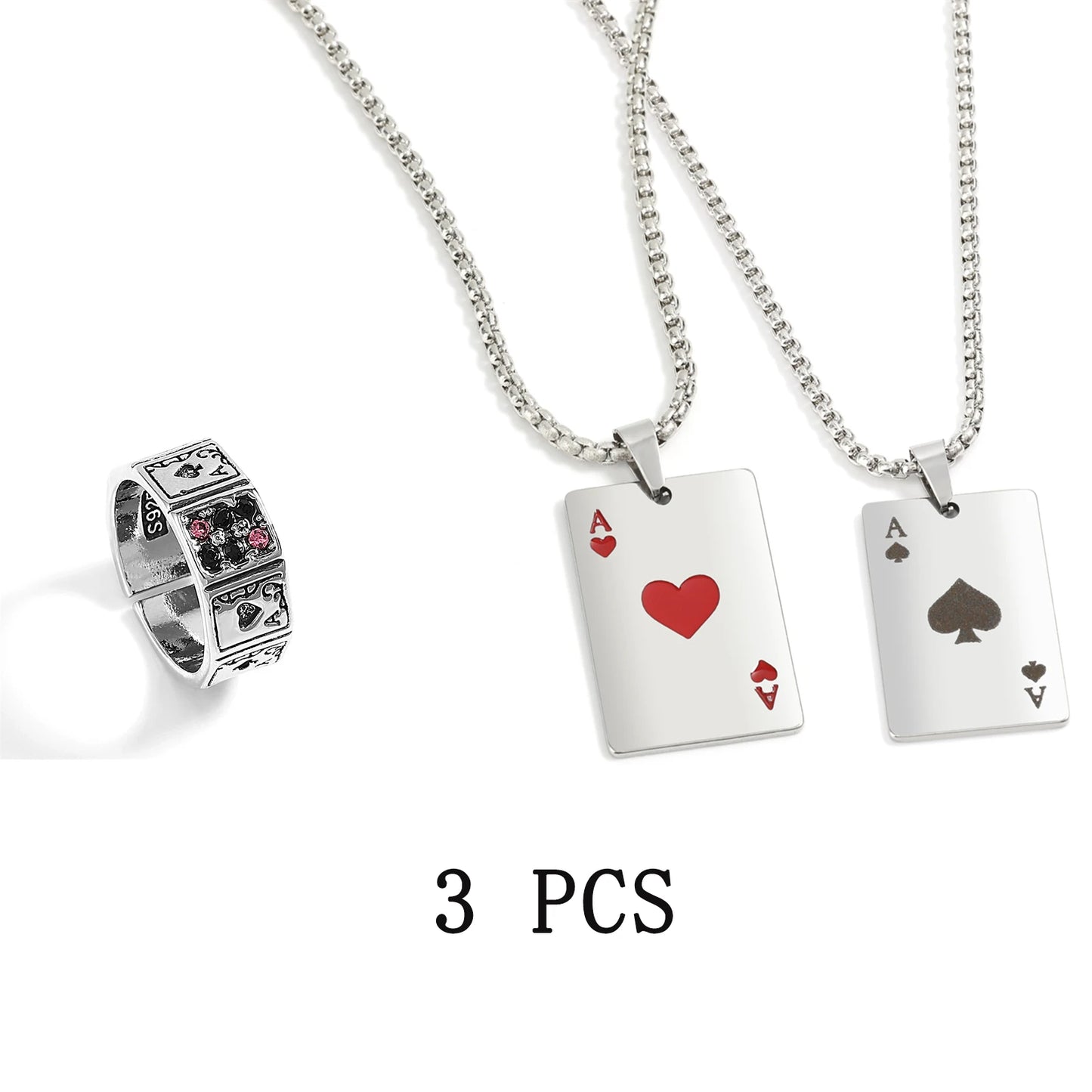Ace of spades and ace of hearts playing card stainless steel pendant necklaces on chains 3 Piece shown including a ring
