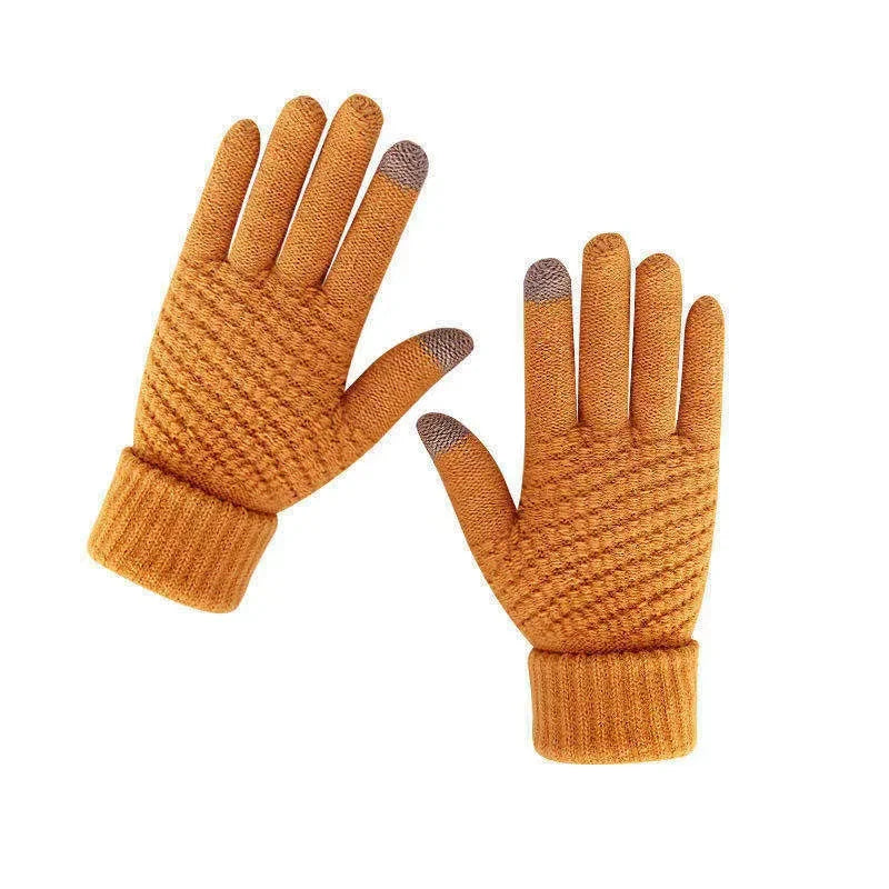Pair of orange gloves with touchscreen tips on a white background