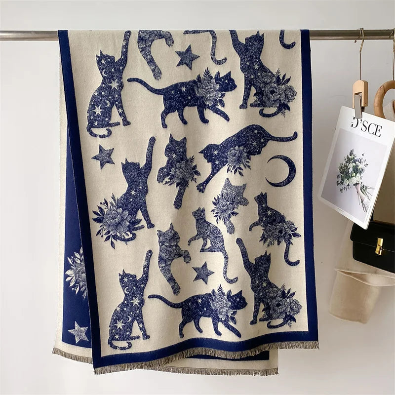 Women’s winter cat print pashmina-style scarf in soft polyester