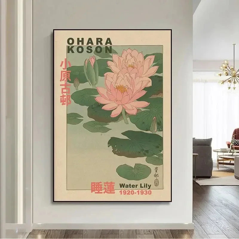 Framed artwork of pink water lilies on a wall in a modern living room.