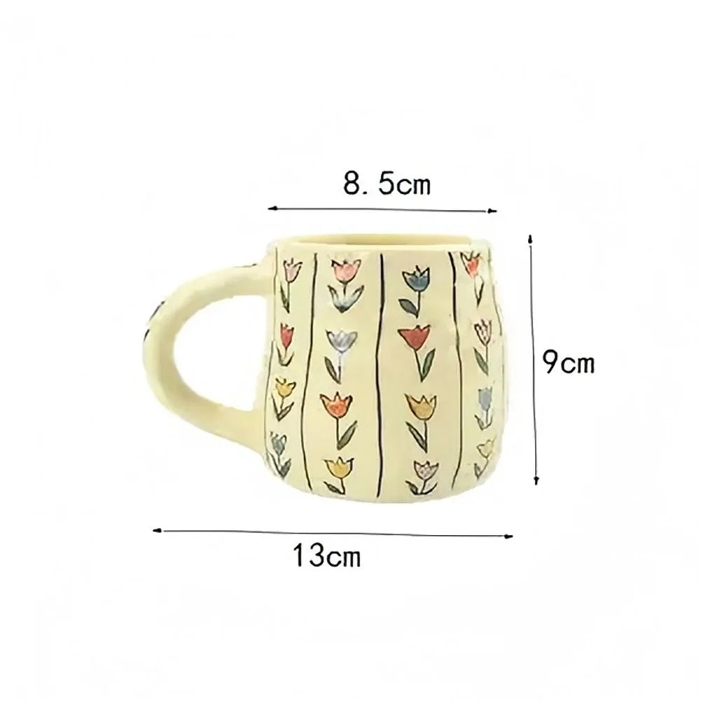 Yellow mug with floral patterns and measurements on a white background