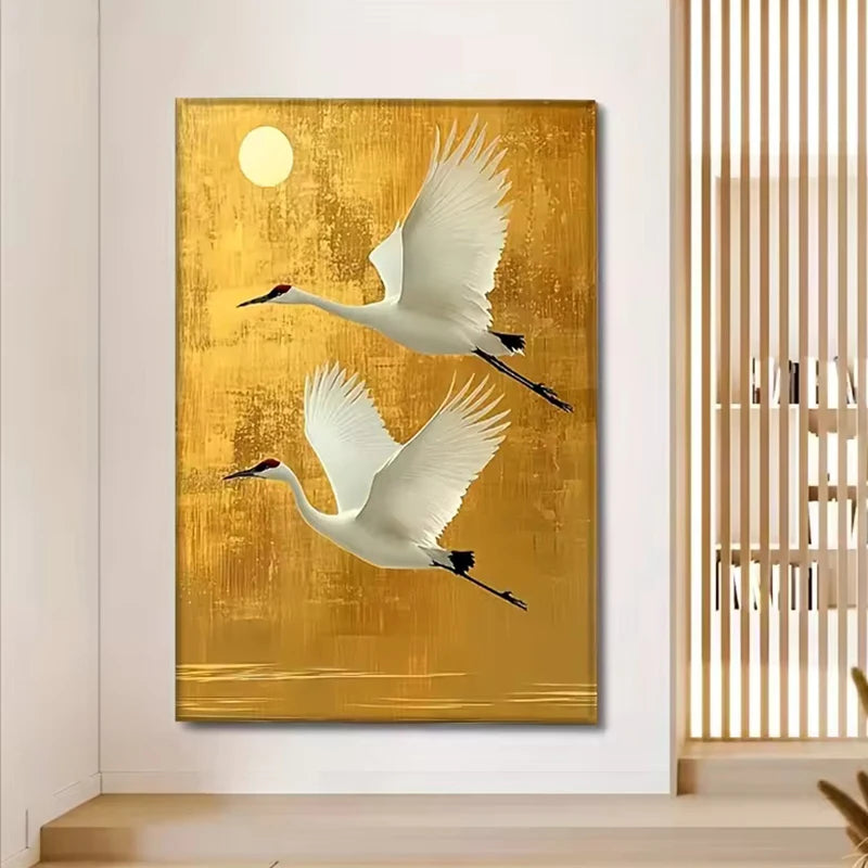 Modern Japanese crane wall art poster with white birds and golden sun on canvas
