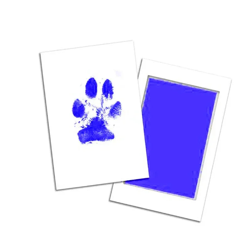 Blue paw print on a white card with a blue rectangular object next to it.