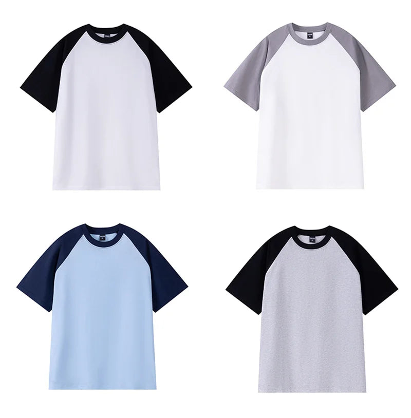 Four baseball tees with different color combinations on a white background