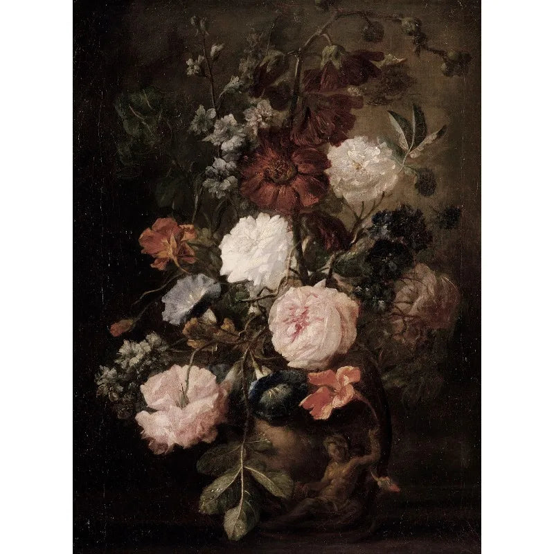Still life painting of flowers in a vase on a dark background