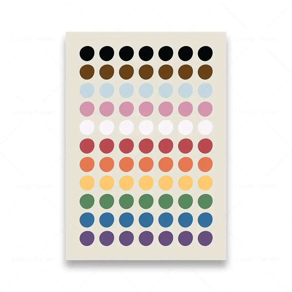 Color swatch chart with dots in various colors on a beige background