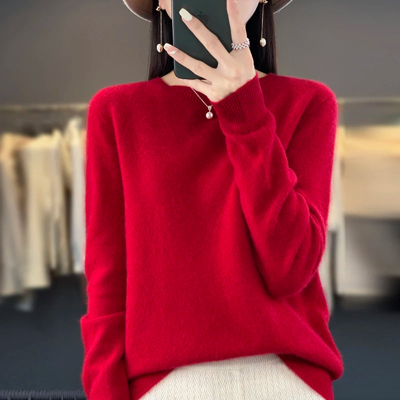 100% Merino Wool Women’s Sweater – Soft Cashmere-Feel O-Neck Pullover, Autumn/Winter Warm Knit Top (14 Colours)