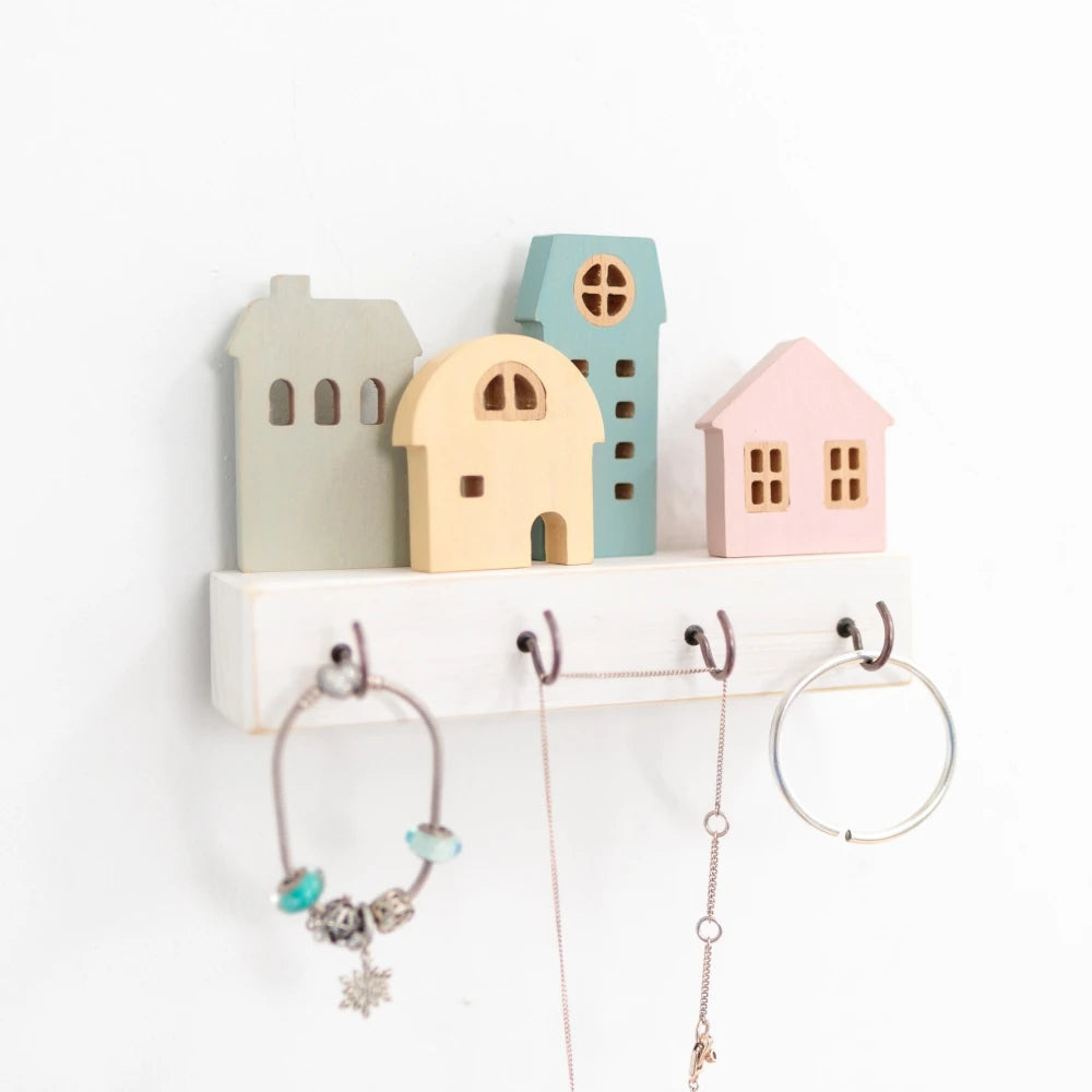 Cute Wooden House Key Hook Shelf – Decorative Wall Storage Style 3
