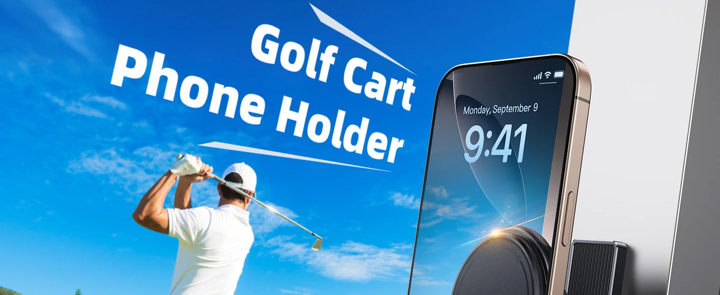 Golf cart phone holder with smartphone displaying time against a blue sky background