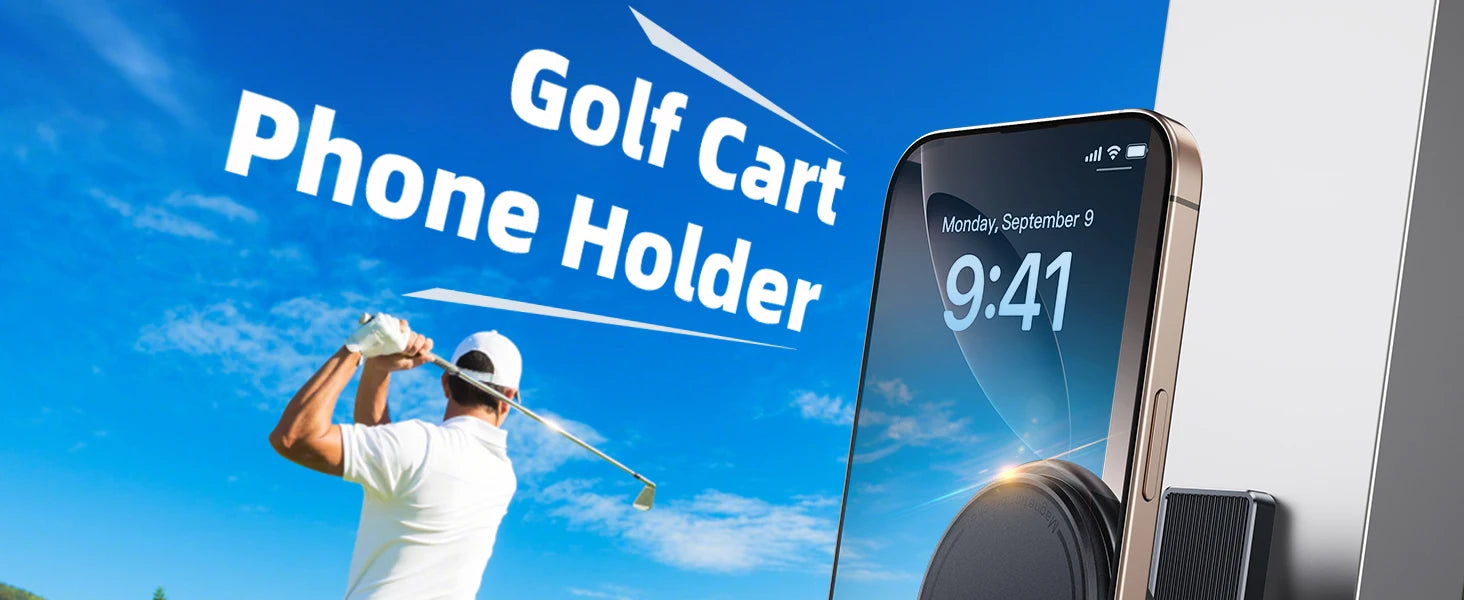 Golf cart phone holder with smartphone displaying time against a blue sky background
