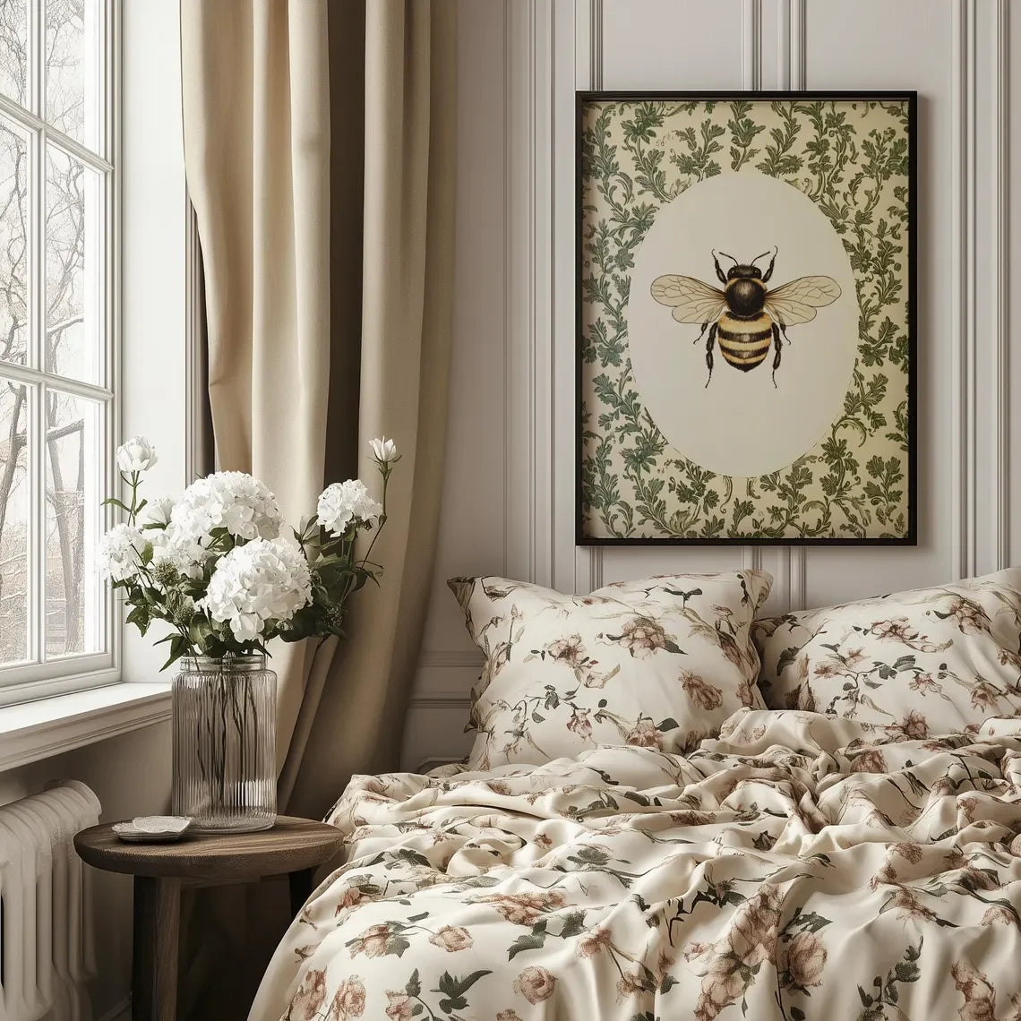 Bedroom with floral bedding, a vase of flowers, and a framed picture of a bee on the wall.