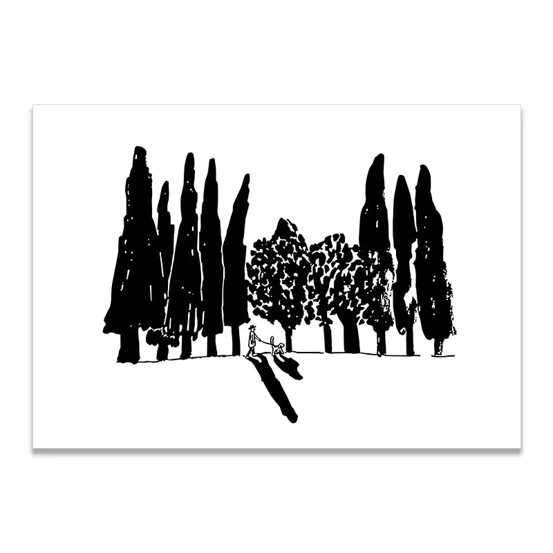 A minimalist black and white art print depicting a row of tall cypress trees and a seated figure in a park, shown as a rectangular canvas against a white background.