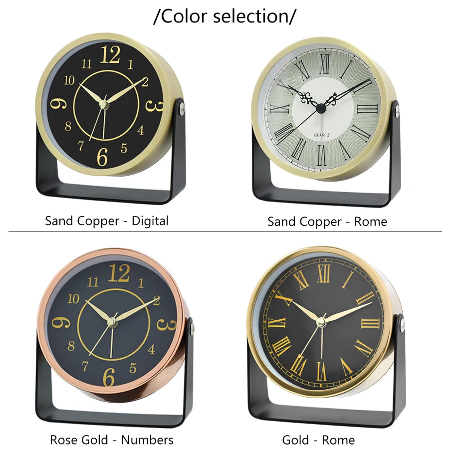 Four clock designs with different color options on a white background