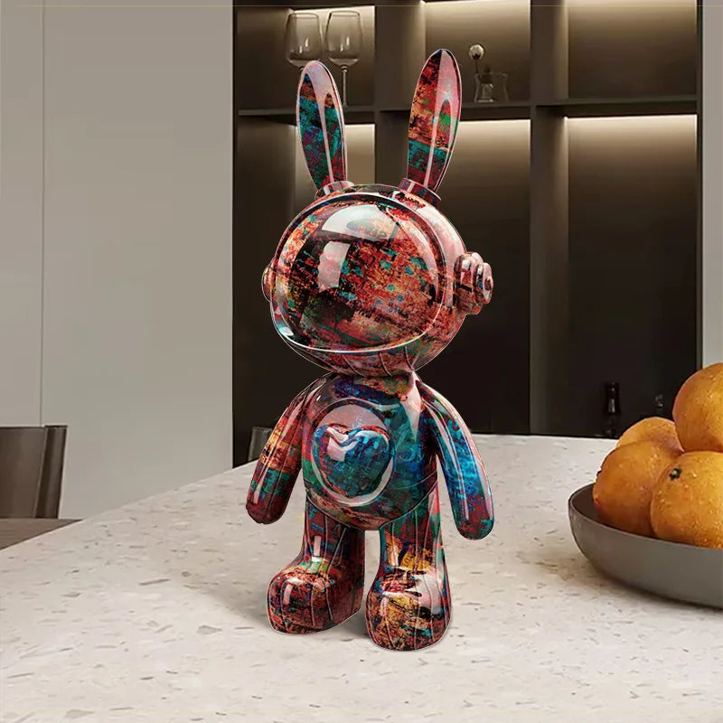 Colorful rabbit-shaped object on a table with a modern interior background