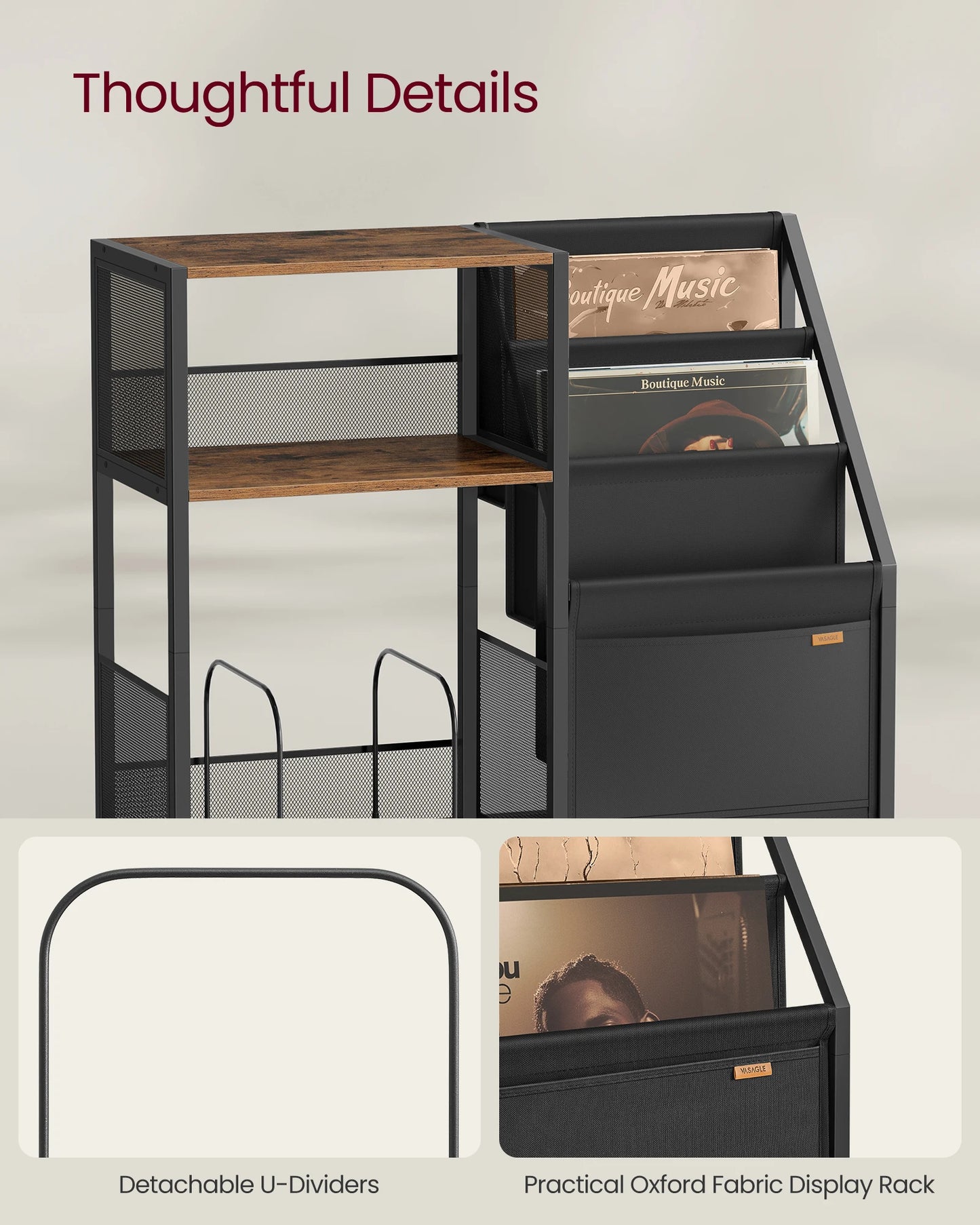 Multifunctional display rack with shelves, magazine holder, and fabric display rack on a light gray background.