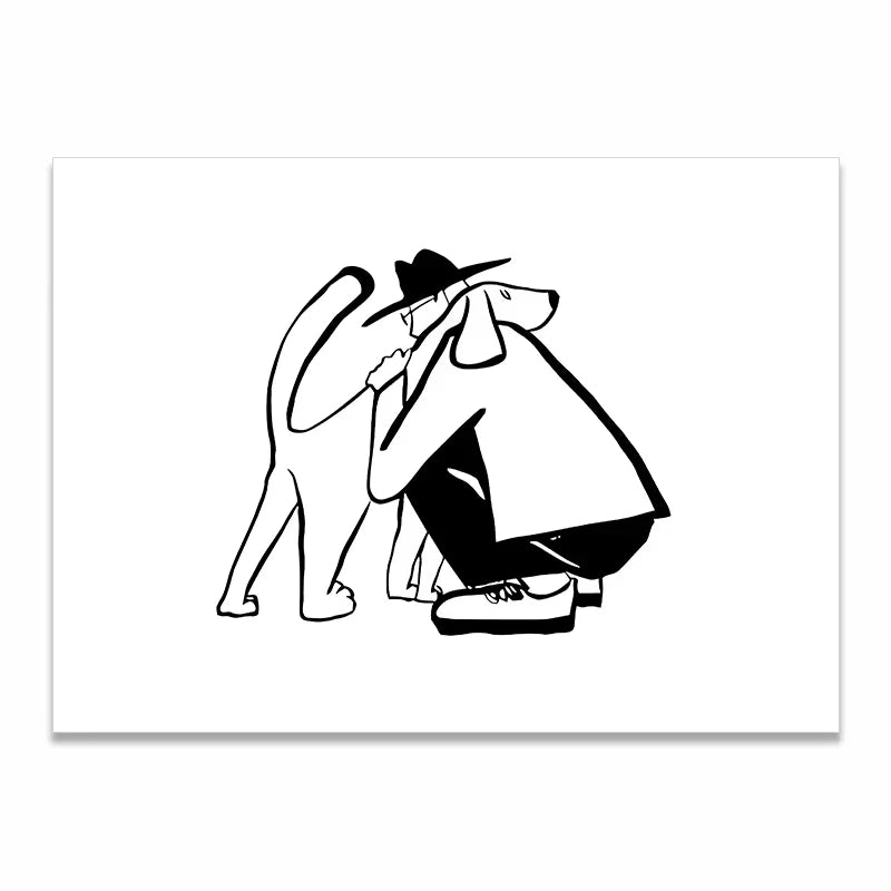 A minimalist black and white line art print depicting a man in a hat and coat hugging a dog, shown as a rectangular poster on a white background with a subtle drop shadow.