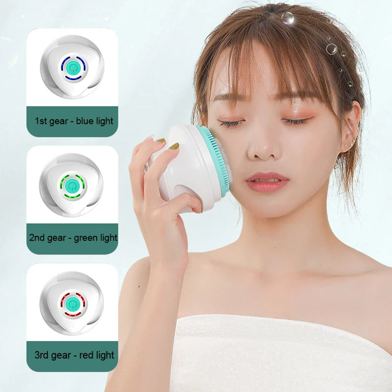 Woman using a facial cleansing brush with light indicators on a white background