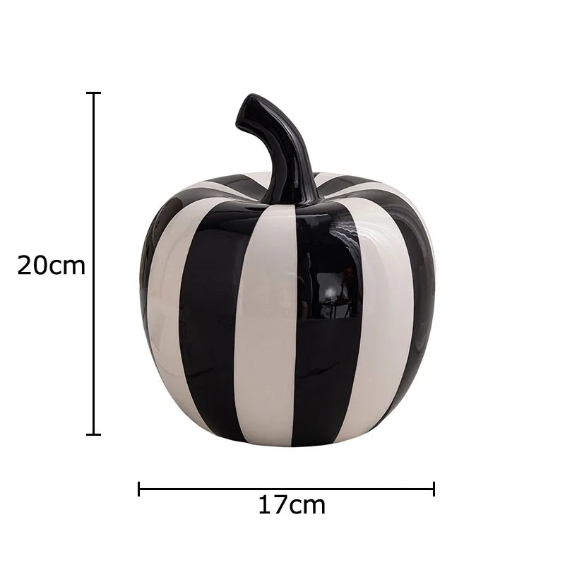 Black and white striped apple-shaped container with dimensions on a white background