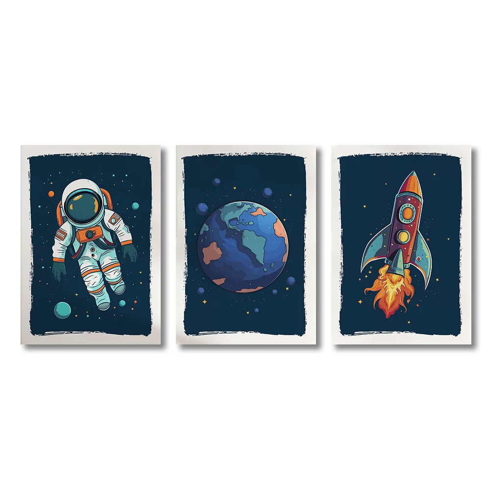 Set of three space-themed prints featuring an astronaut, Earth, and rocket ship on a white background.