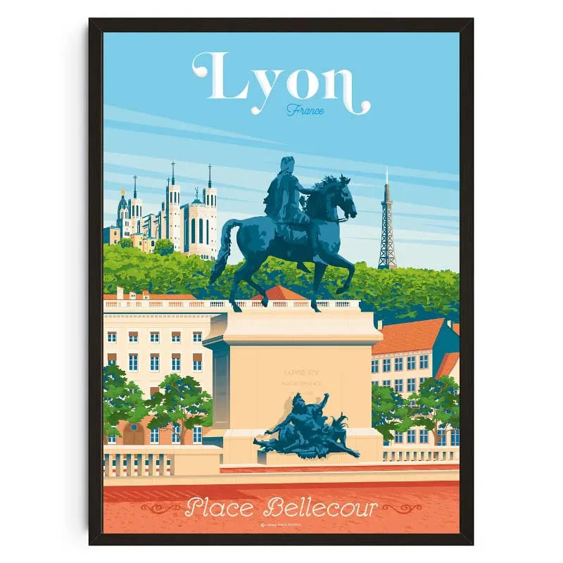 Poster of Lyon with a statue and cityscape on a blue sky background