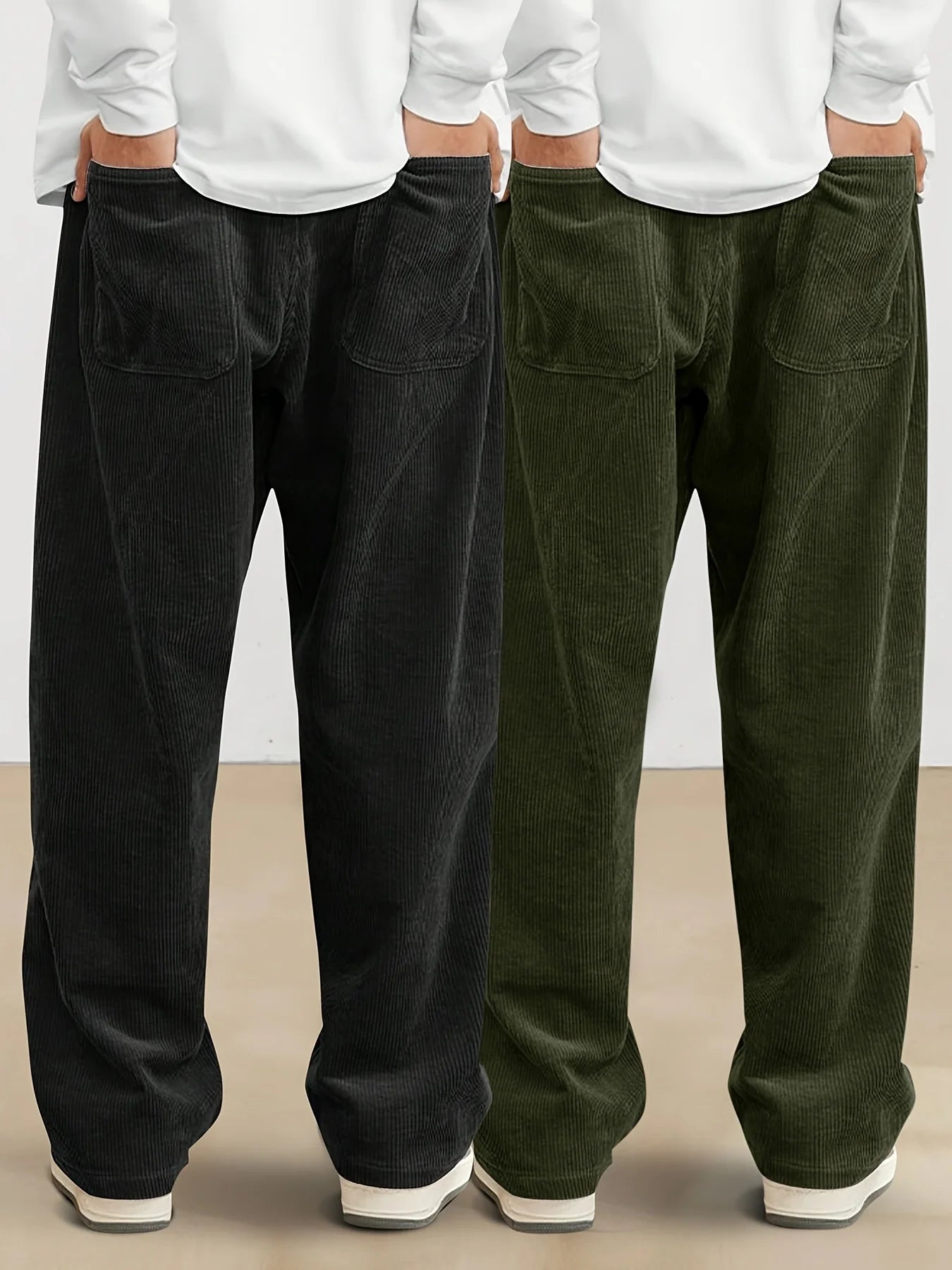 Two pairs of corduroy pants, one black and one green, worn by models against a neutral background.