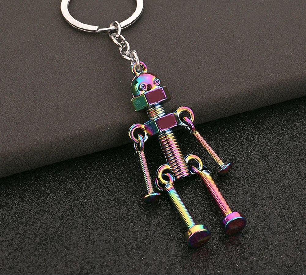 Vintage steampunk screw robot metal keychain with movable joints silver finish