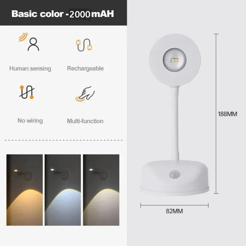 White LED night light with features listed on the left and dimensions on the right.