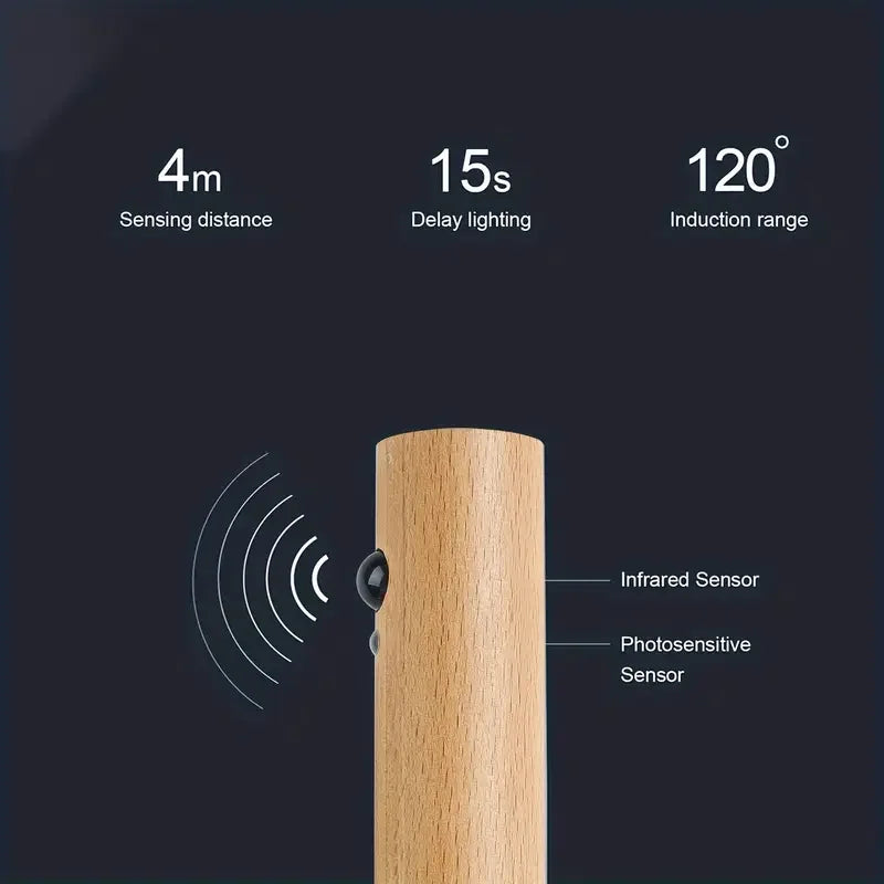 Wooden sensor with labeled features on a dark background