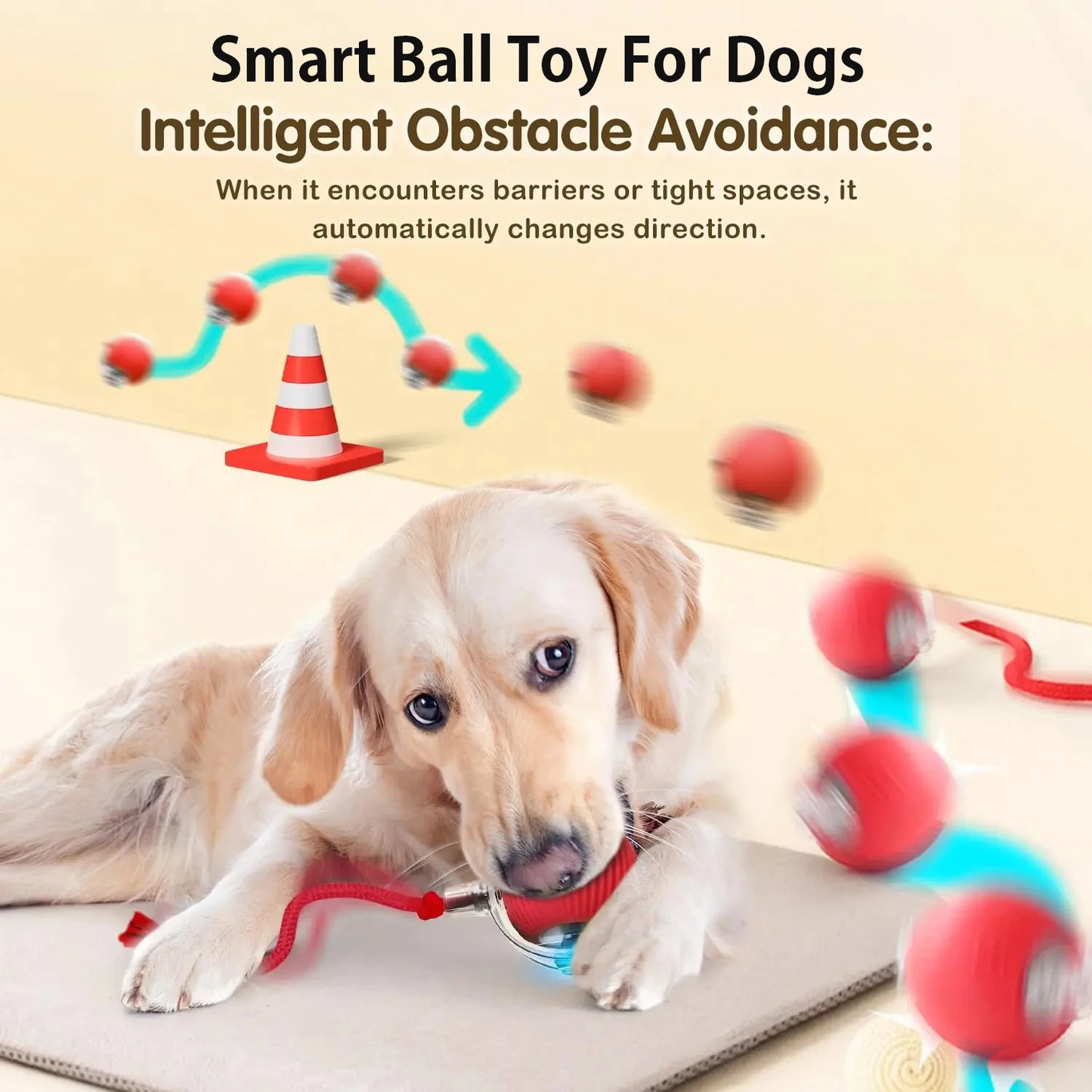 Dog playing with a smart ball toy on a beige surface, with text about intelligent obstacle avoidance.
