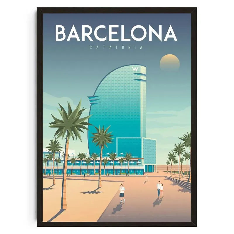 Poster of Barcelona with a blue building and palm trees on a white background