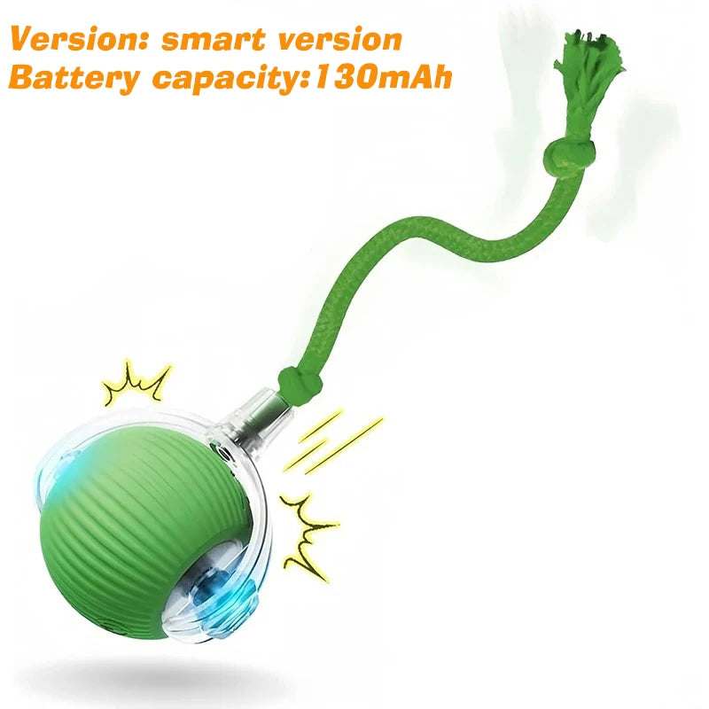 Green pet toy with a rope and battery capacity information on a white background