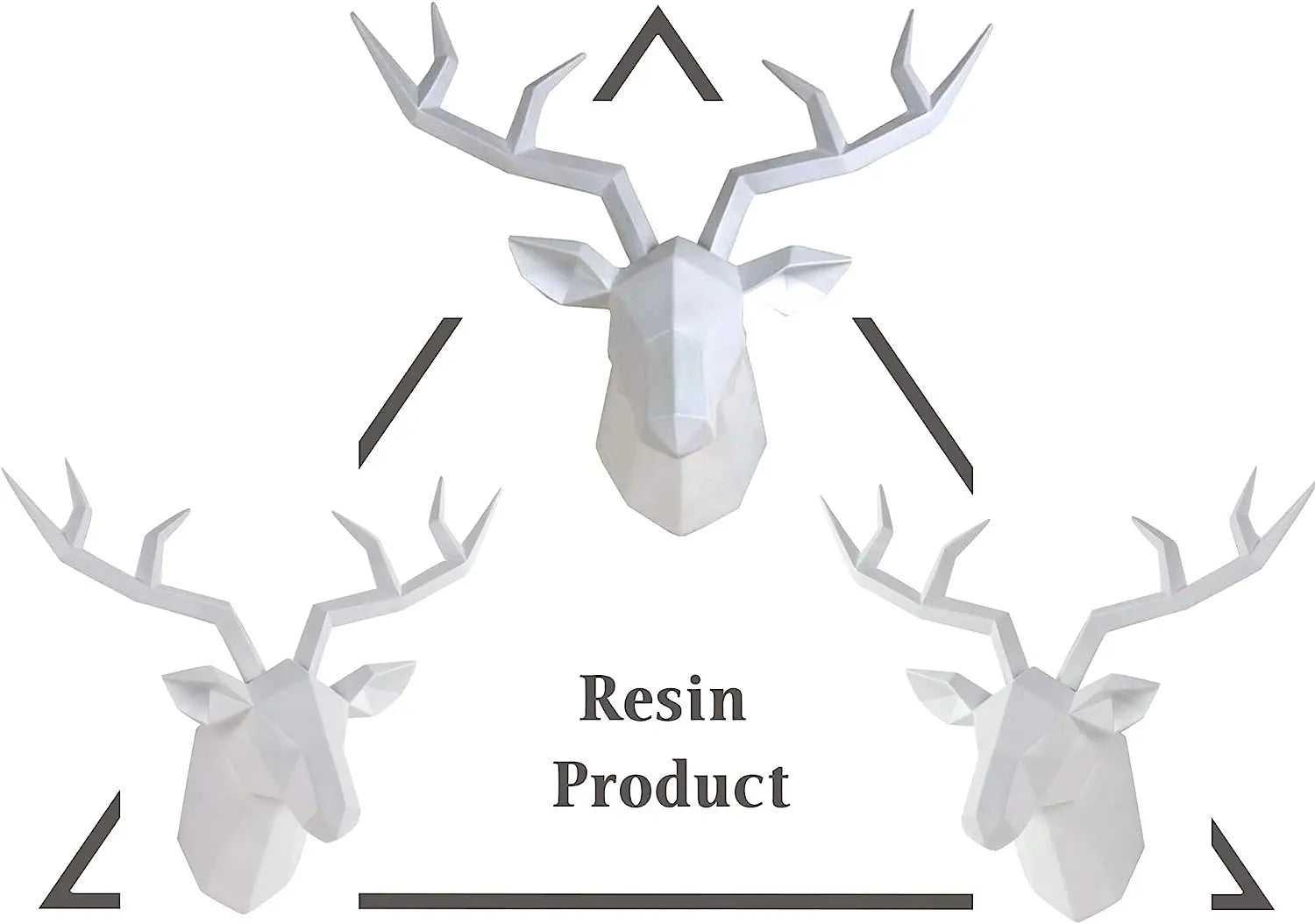 White resin deer head wall decor with 'Resin Product' text on a white background