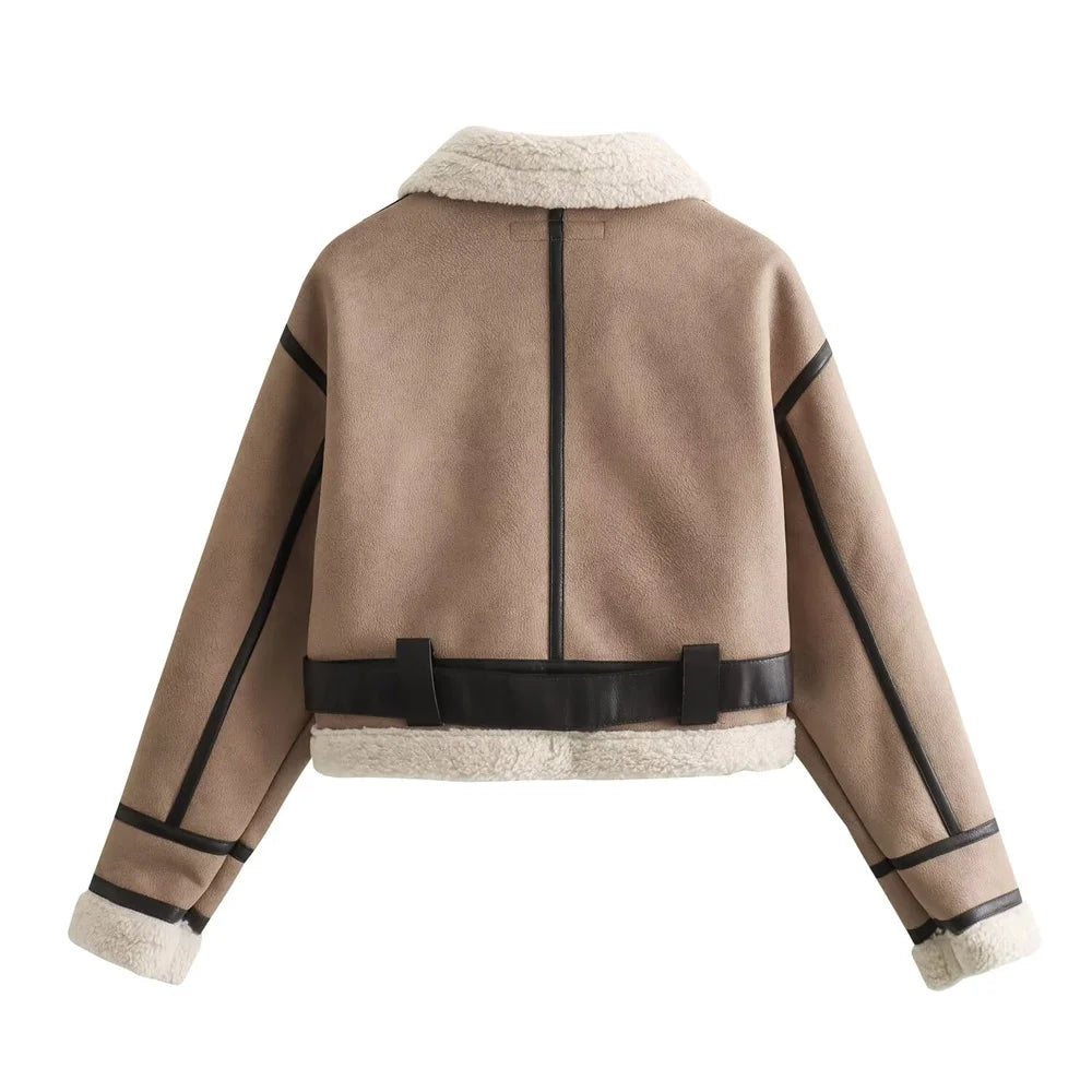 Brown aviator jacket with dark brown accents and white fur lining on a white background