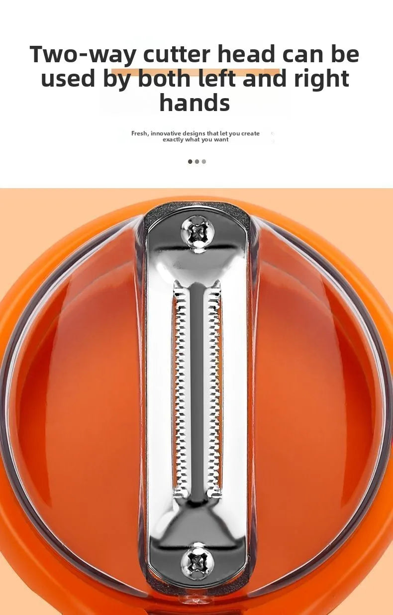 Orange kitchen tool with a metal cutter head on an orange background