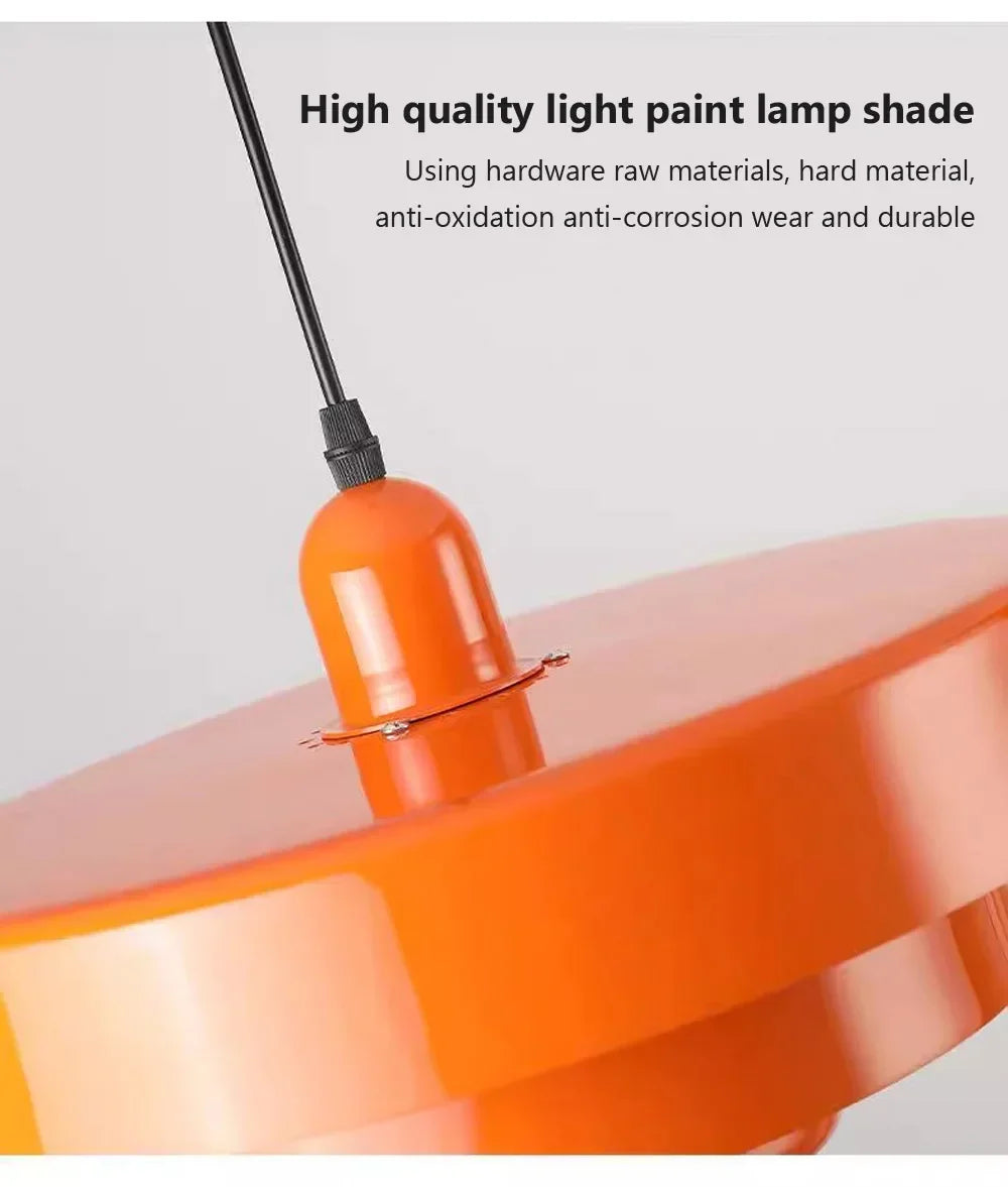 Orange pendant light with text on a gray background