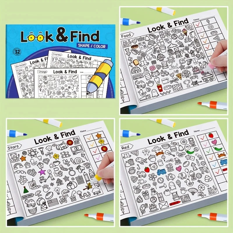 Collage of 'Look & Find' activity books with coloring and marking activities on a green background.
