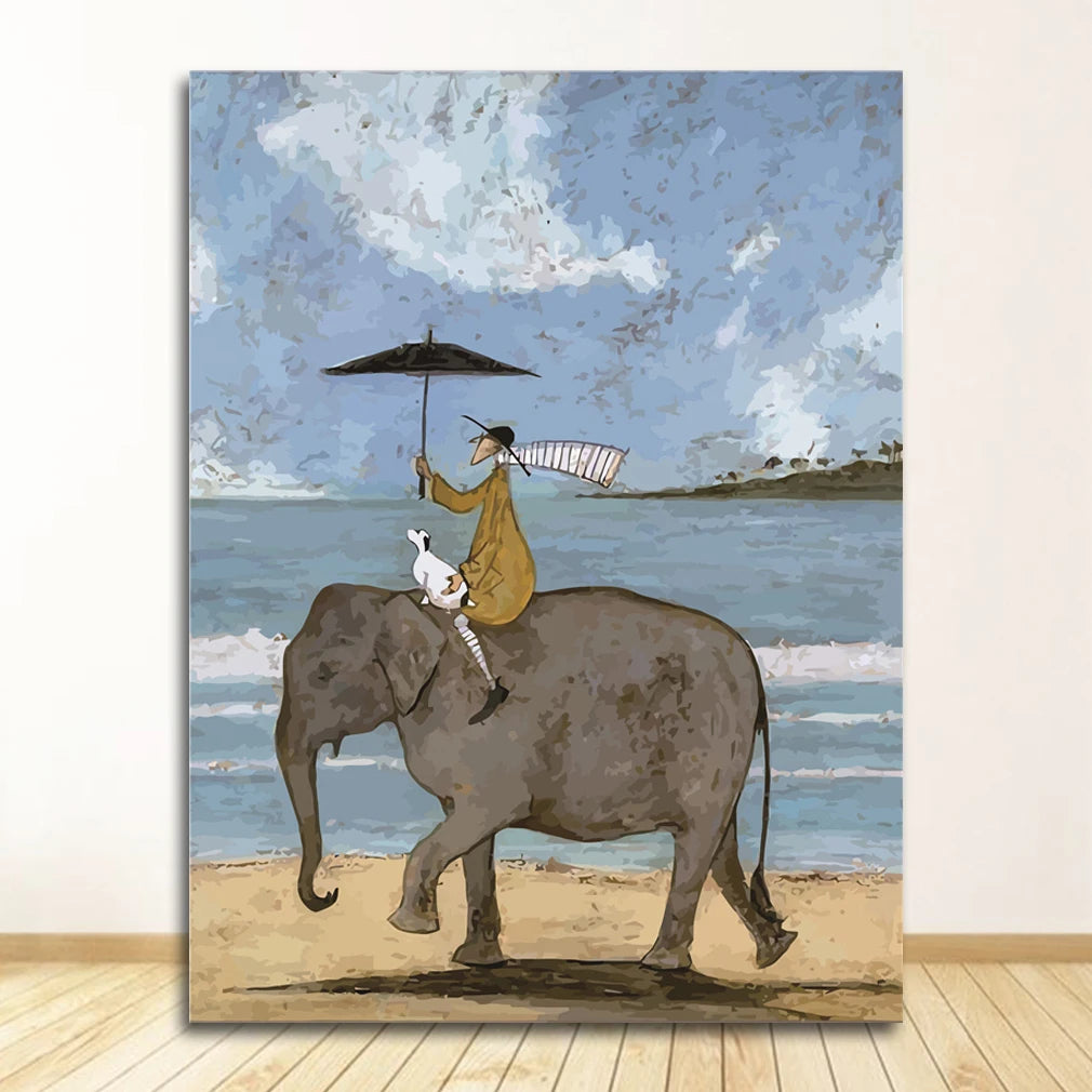 Painting of a person riding an elephant on a beach with an umbrella