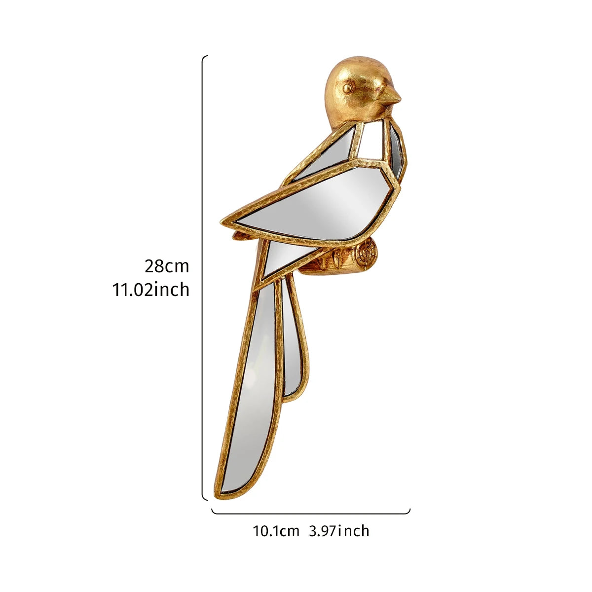 Gold and silver bird-shaped mirror with dimensions on a white background