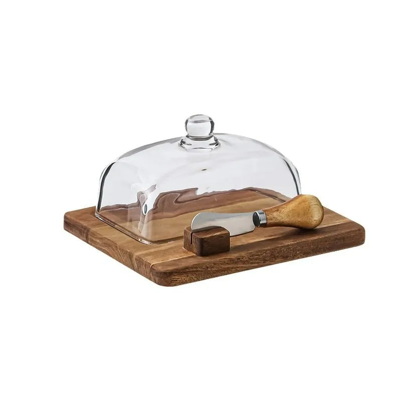Acacia wood butter dish with clear glass dome and serving knife