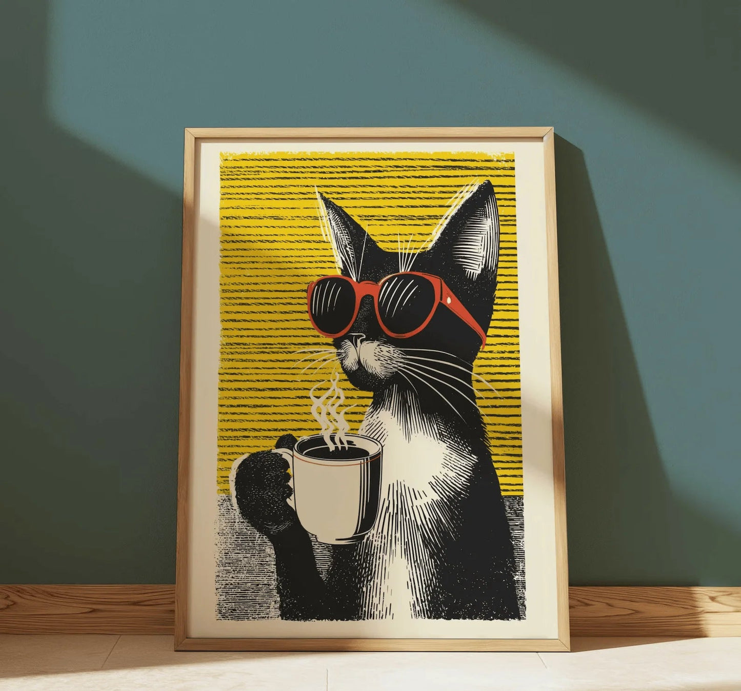 Framed artwork of a cat wearing sunglasses and holding a coffee cup on a yellow background.
