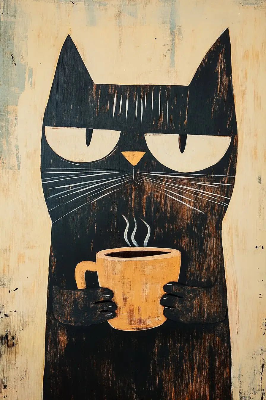 Illustration of a black cat holding a coffee cup on a textured beige background