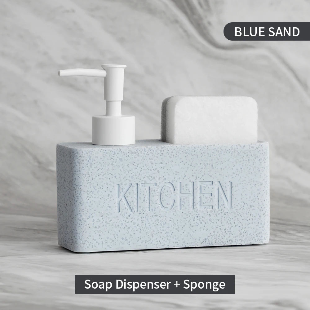 Soap dispenser and sponge set with 'KITCHEN' text on a gray background
