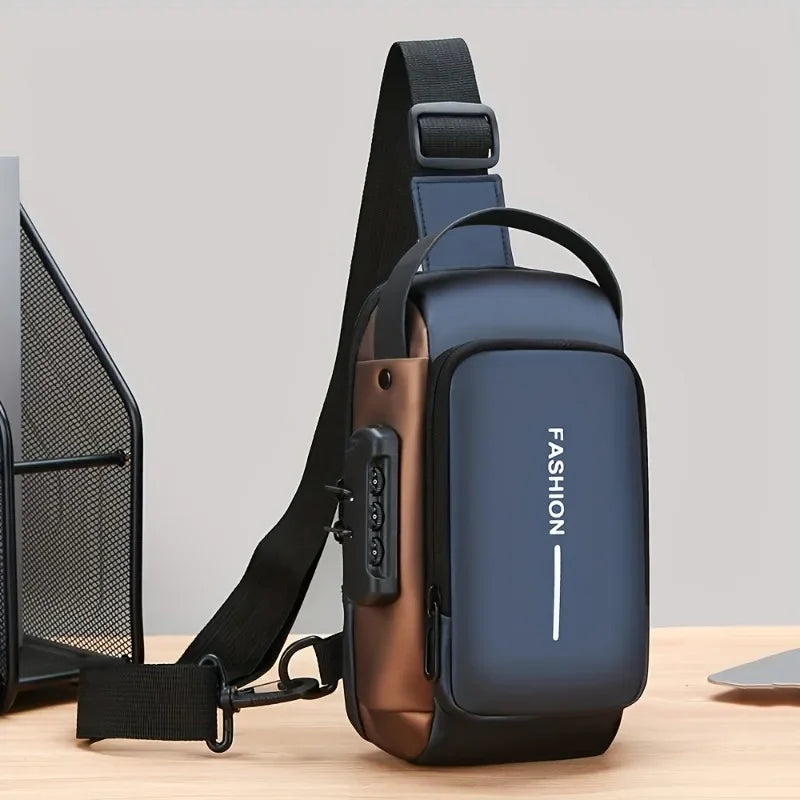 Men’s crossbody sling bag with lock and adjustable strap for commuting and travel.