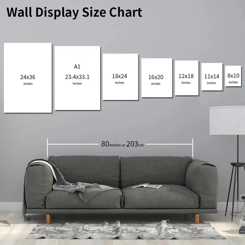 Wall display size chart with various frame sizes and a gray sofa for scale.