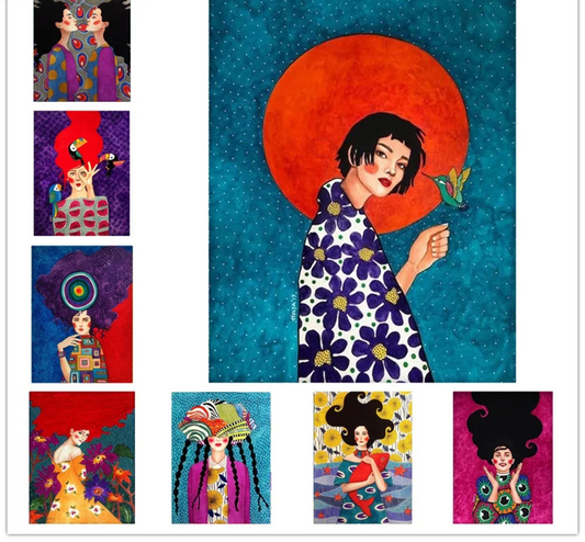 Colorful abstract girl portrait wall art with flower hair and bold colors