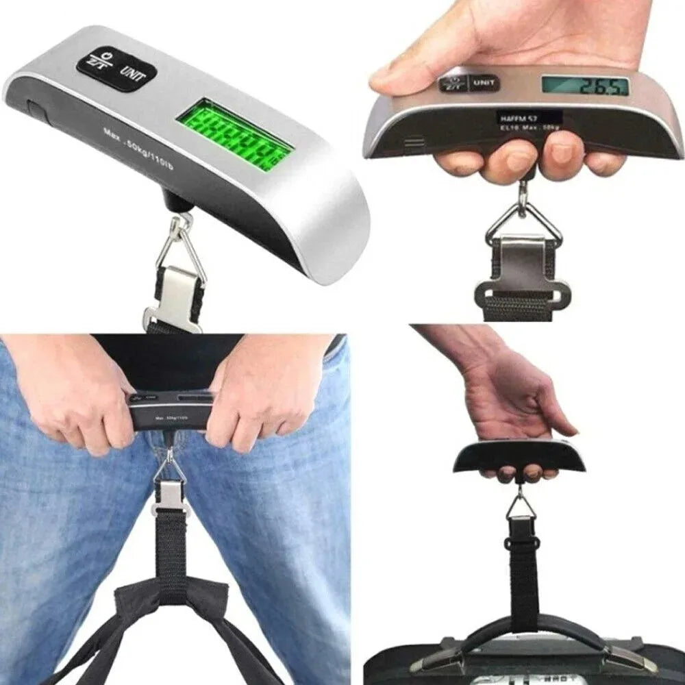 Digital luggage scale being held and used on a white background