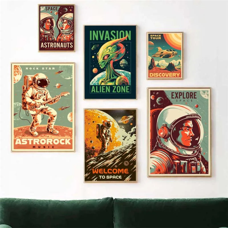 Vintage Space Wall Art – Retro Astronaut & Rocket Illustration Canvas Prints