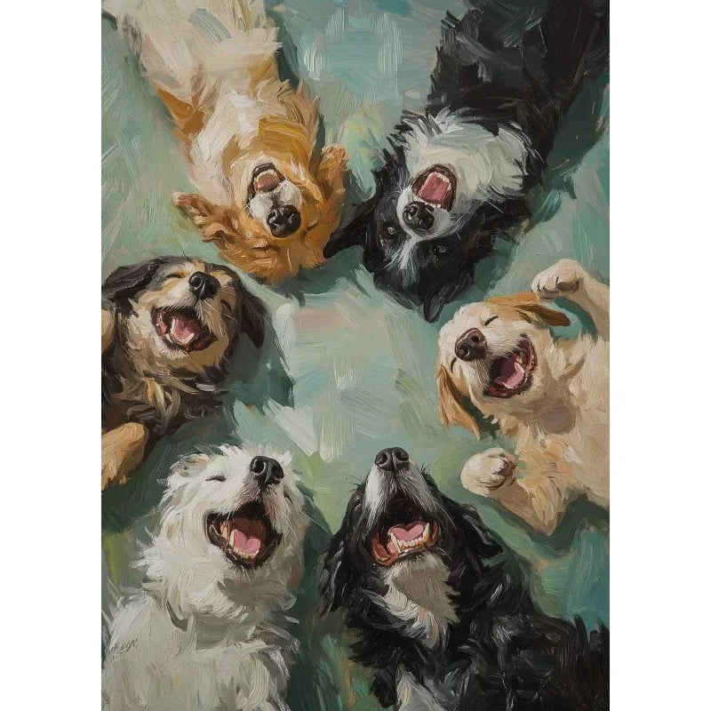 Illustration of six dogs with open mouths on a textured green background