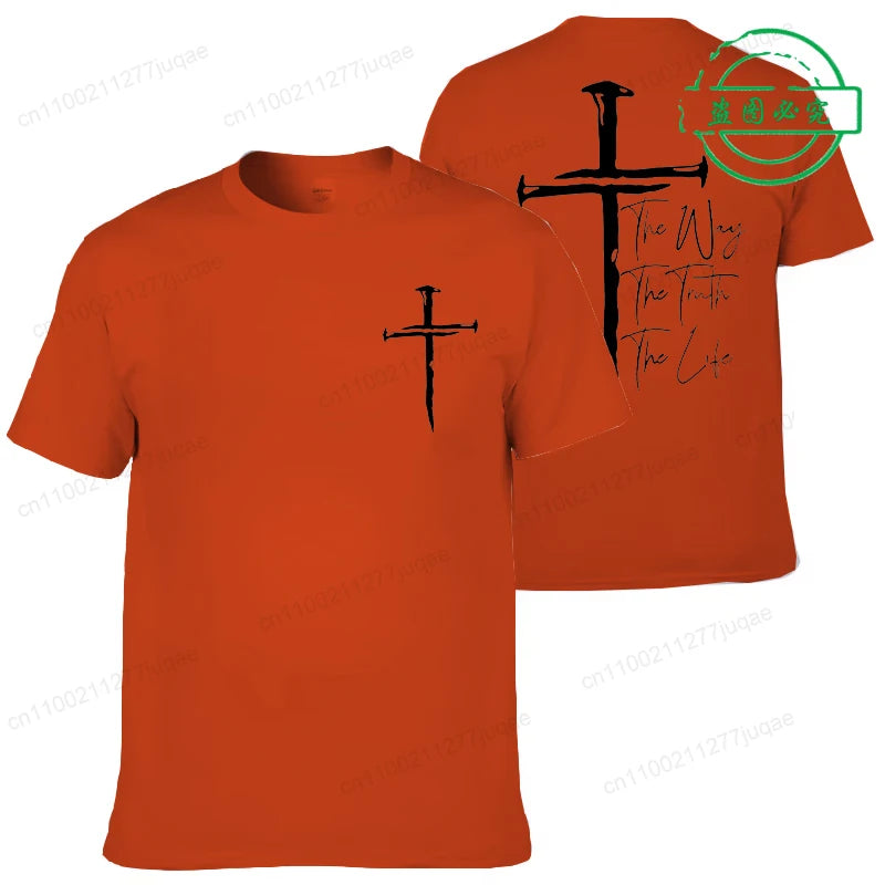 Orange t-shirt with black cross design on front and back, featuring text.