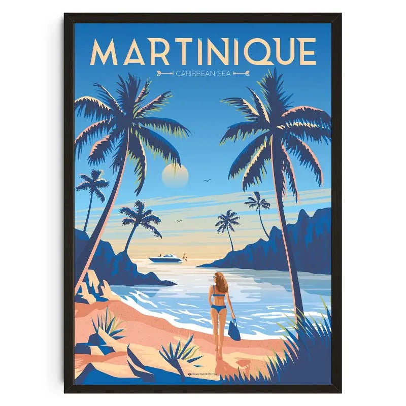 Vintage-style poster of Martinique with palm trees, beach, and woman in a bikini.